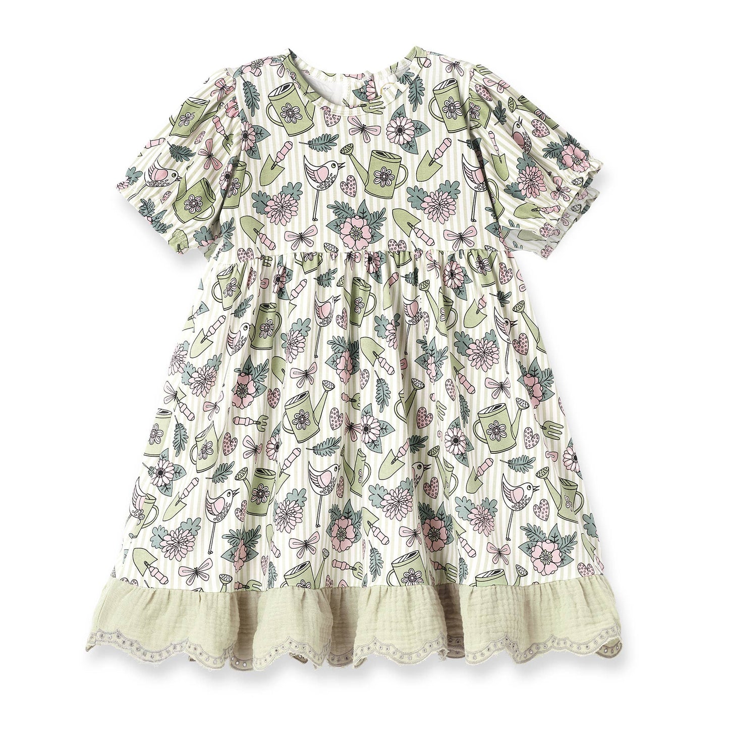 Eco-friendly girls’ dress with puffed sleeves, gathered waist, ruffled hem; pastel floral print. Sizes: 2T-8.
