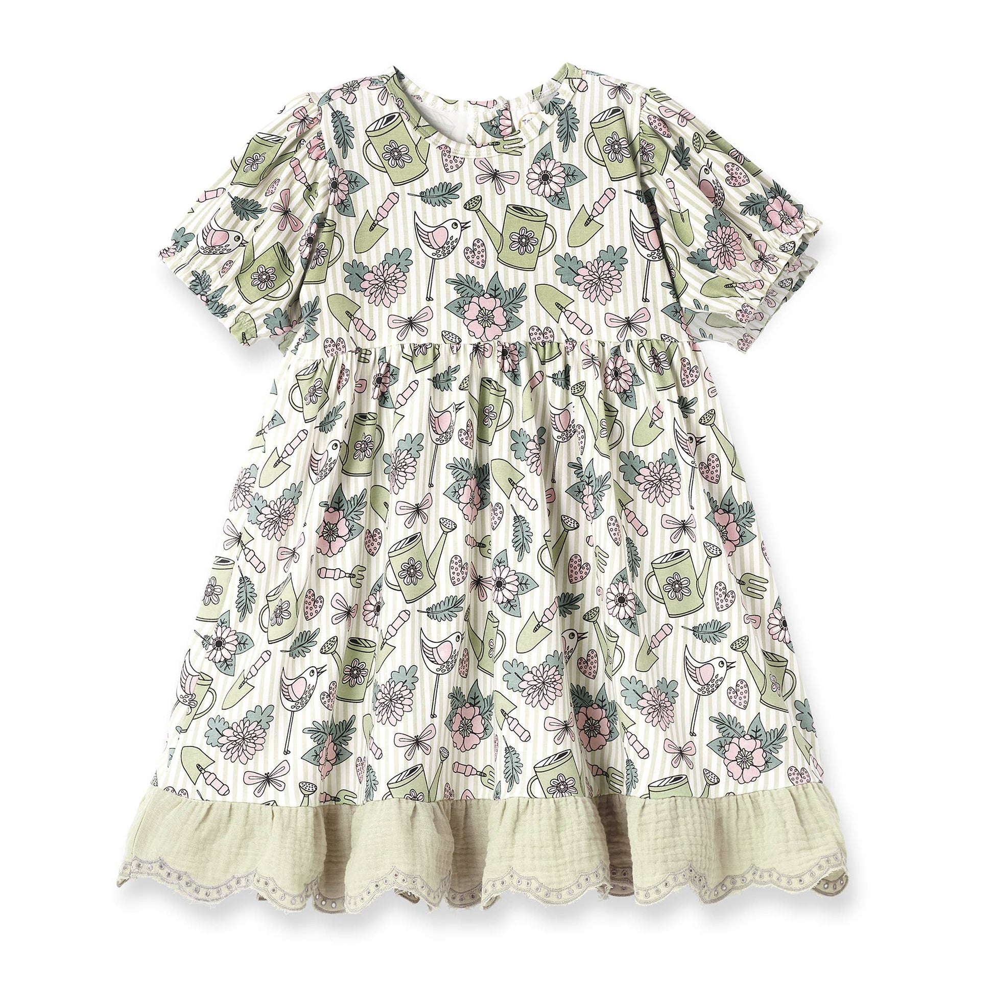 Eco-friendly girls’ dress with puffed sleeves, gathered waist, ruffled hem; pastel floral print. Sizes: 2T-8.