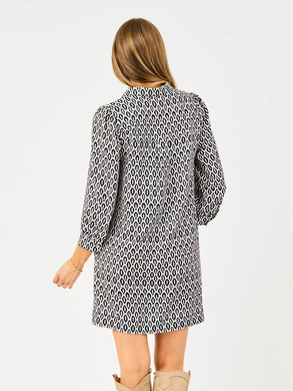 Raelyn High Notes Tan Dress: relaxed fit, long sleeves. Available in sizes XS–XL.