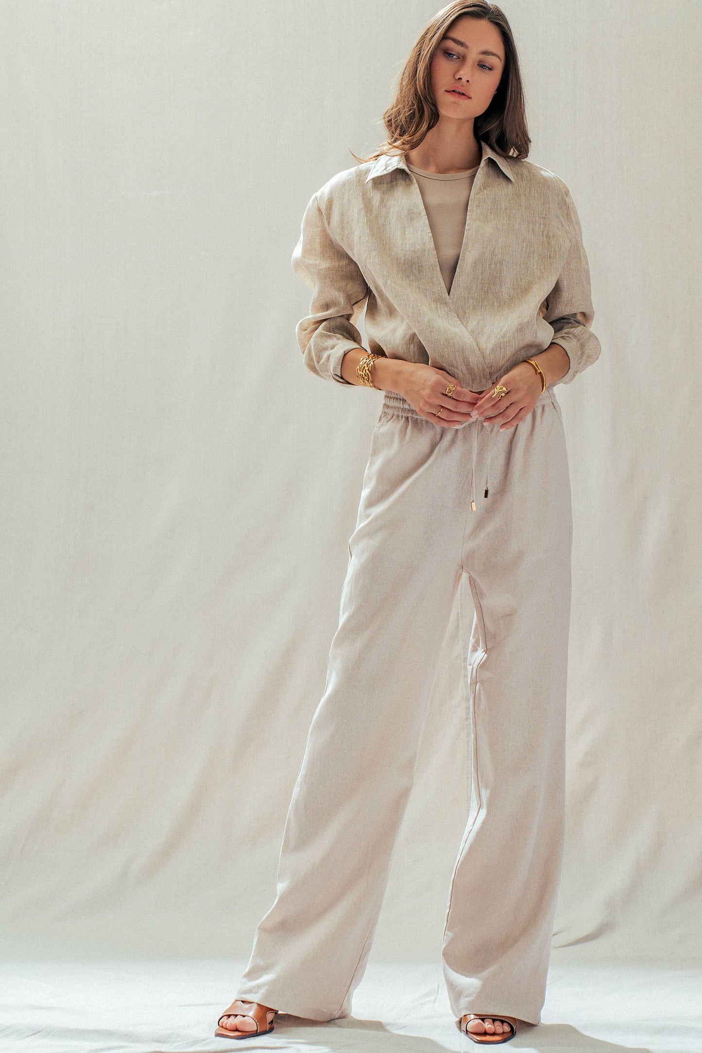 Natural Linen Blend Wide Leg Drawstring Pants in beige; available in sizes XS-XL.