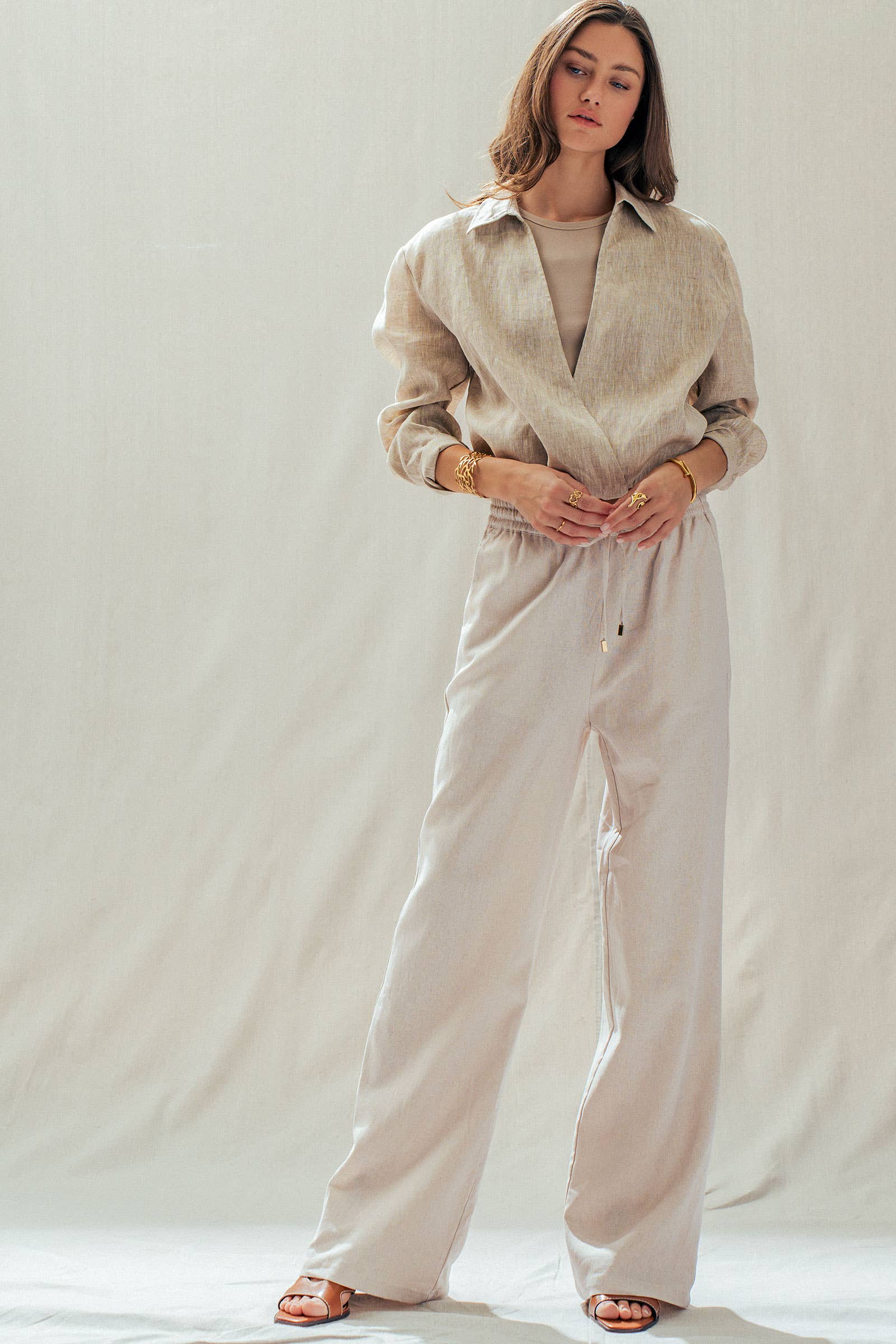 Mint Jelly Linen Blend Wide Leg Drawstring Pants in neutral tone, available in sizes XS-XL.