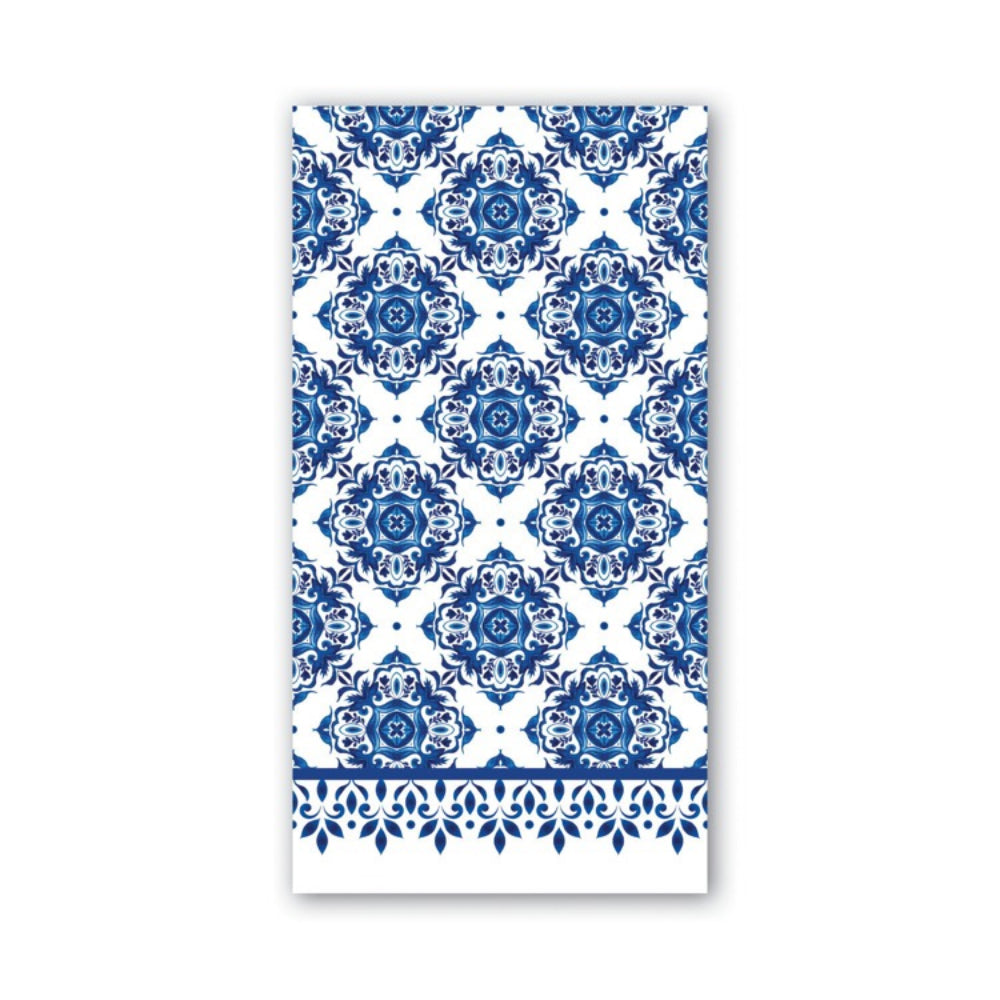 Indigo Seas Napkins with indigo blue floral tile pattern, decorative border on one end. Sizes: 18"x18", 20"x20".