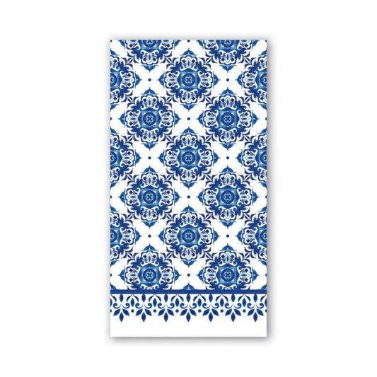 Indigo Seas Napkins with indigo blue floral tile pattern, decorative border on one end. Sizes: 18"x18", 20"x20".