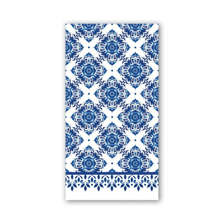 Indigo Seas Napkins with indigo blue floral tile pattern, decorative border on one end. Sizes: 18"x18", 20"x20".