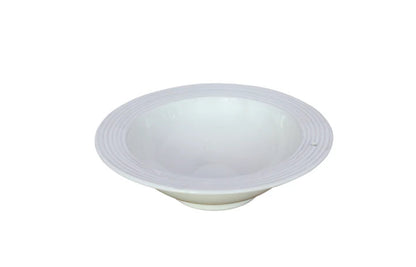 The Baby Bowl Pinstripes: White, round, shallow design with a slightly flared rim and subtle ridges near the edge. Smooth, glossy surface. Available sizes: S, M.