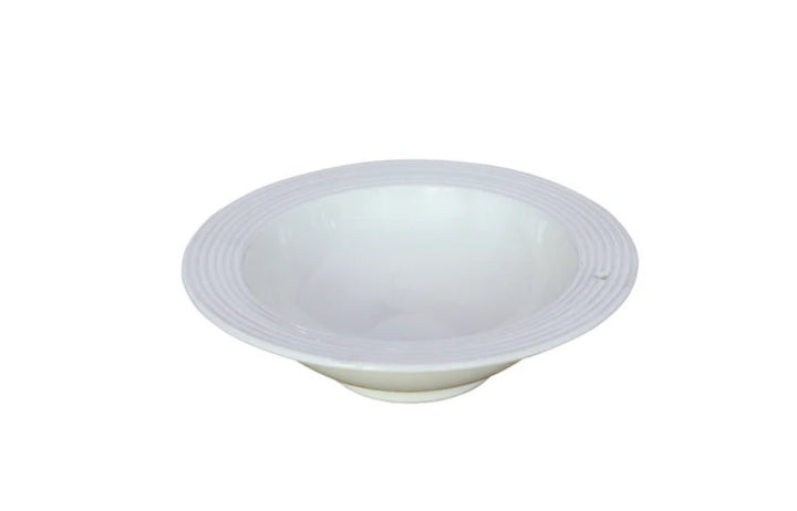 The Baby Bowl Pinstripes: White, round, shallow design with a slightly flared rim and subtle ridges near the edge. Smooth, glossy surface. Available sizes: S, M.