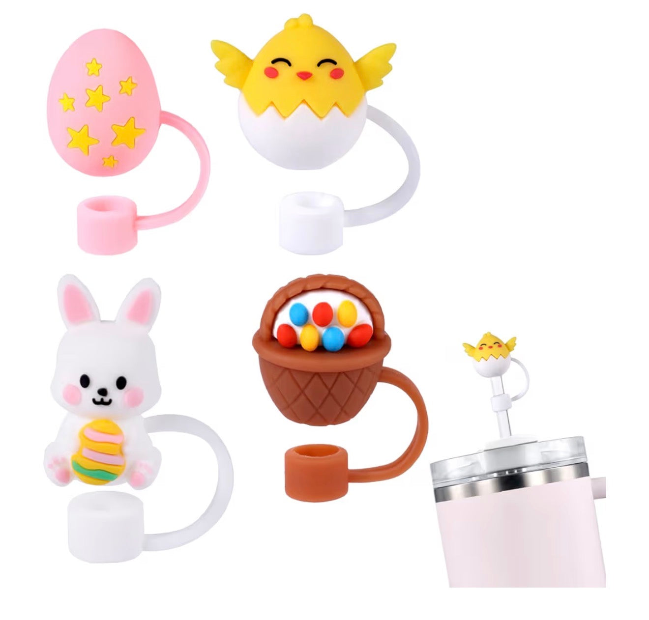 Set of five silicone Easter straw covers: pink egg with stars, yellow hatching chick, white bunny with egg, brown basket with eggs, and chick topper. Sizes available.
