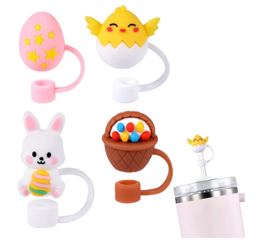 Set of five silicone Easter straw covers: pink egg with stars, yellow hatching chick, white bunny with egg, brown basket with eggs, and chick topper. Sizes available.