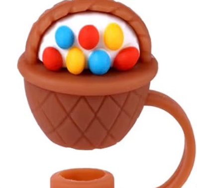 Brown cup-shaped Easter straw covers with handles, white filling, and red, yellow, and blue egg-shaped decorations. Available in multiple sizes for use as tumbler straw toppers or Easter straw cover caps.