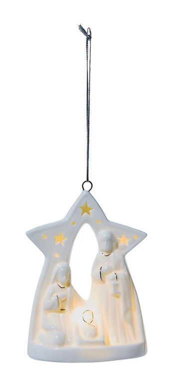 Starry Manger Light-Up Keepsake Ornament, a star-shaped nativity scene light-up decoration.