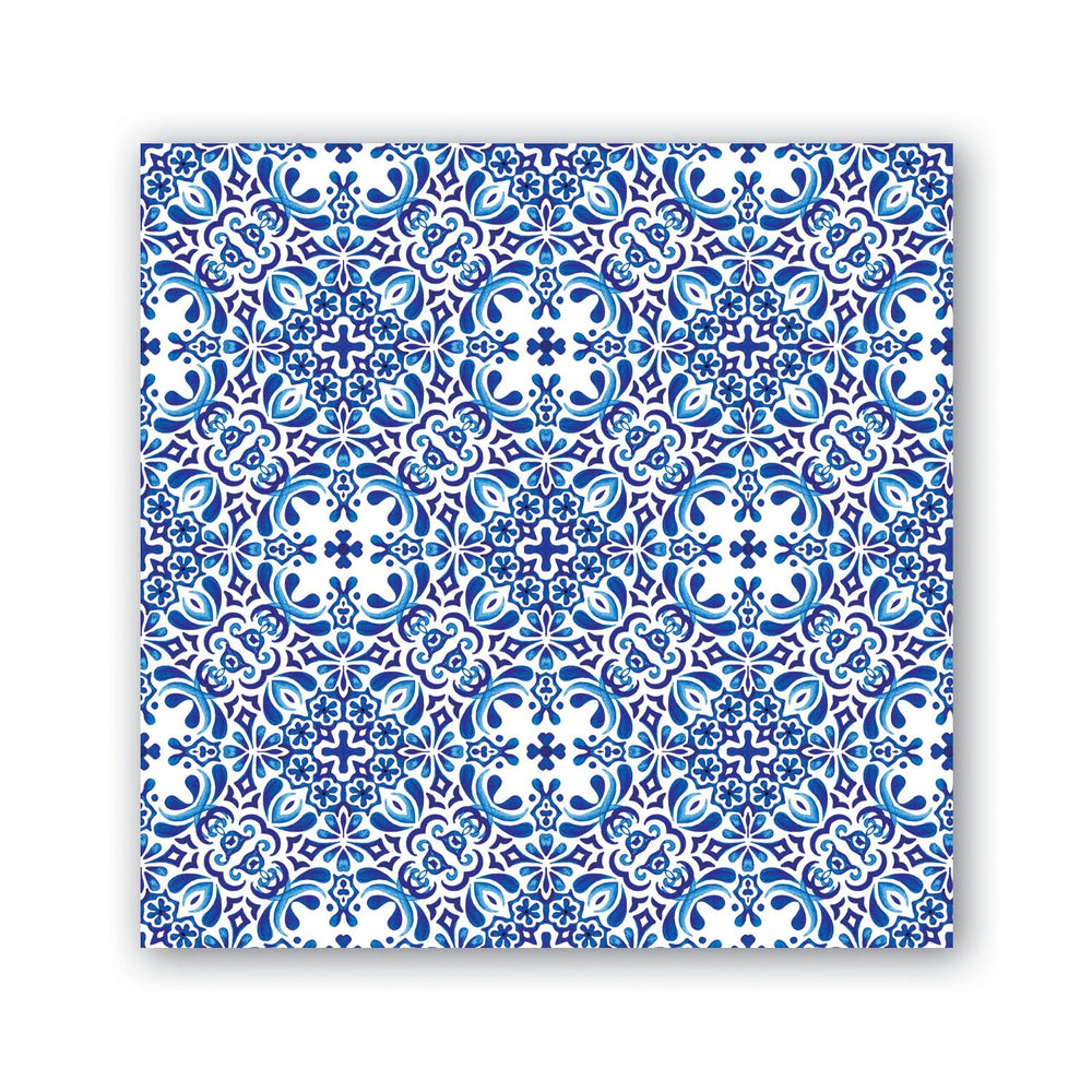 Indigo blue and white square tile with geometric floral pattern, available in multiple sizes.