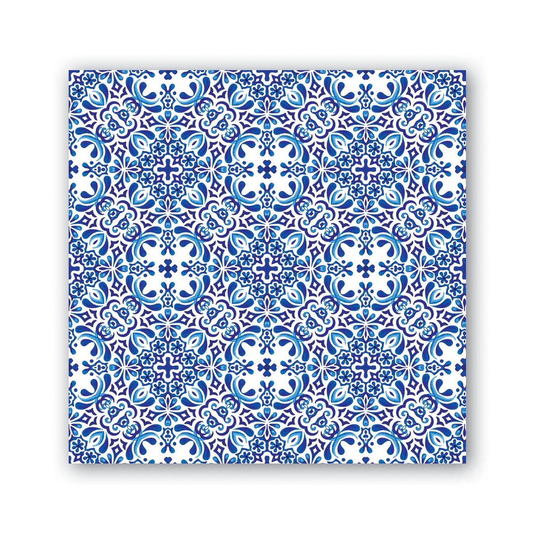 Indigo blue and white square tile with geometric floral pattern, available in multiple sizes.