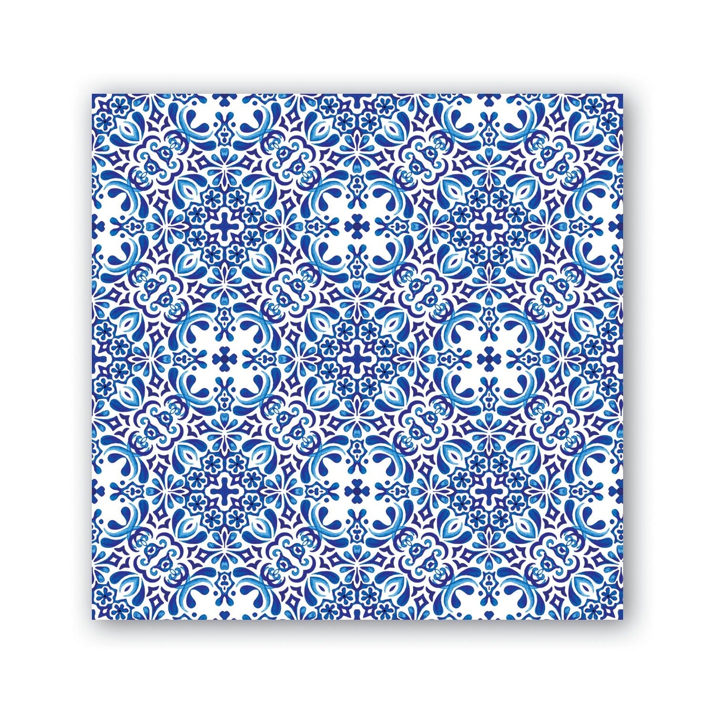 Indigo blue and white square tile with geometric floral pattern, available in multiple sizes.