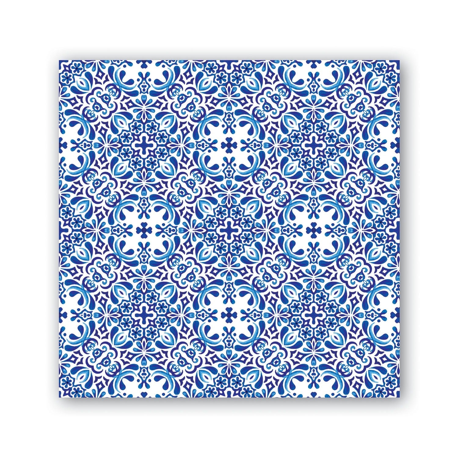 Indigo blue and white square tile with geometric floral pattern, available in multiple sizes.