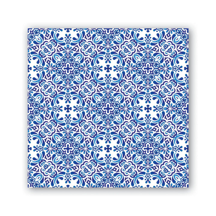 Indigo blue and white square tile with geometric floral pattern, available in multiple sizes.