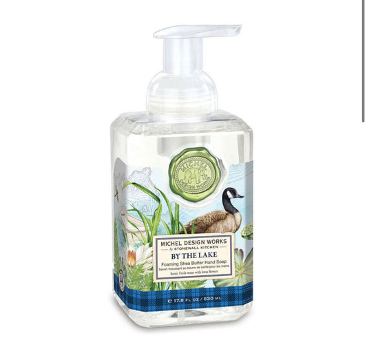 By the Lake Foaming Soap, clear pump bottle with shea butter, 17.8 fl oz (530 mL), lakeside-themed design.