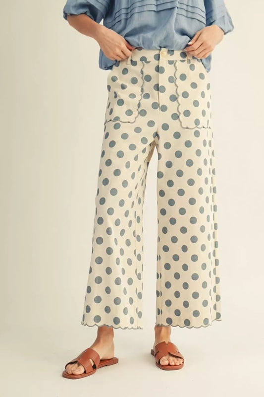 Denim Blue HW Wide Scallop Polka Dot Pants with large blue dots, scalloped hems, front patch pockets. Sizes: XS-XL.