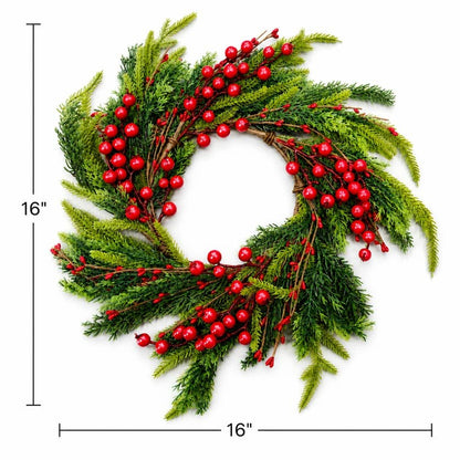 16″ candle ring or wreath with fir pine, red berries, and green foliage; measures 16 inches in diameter.
