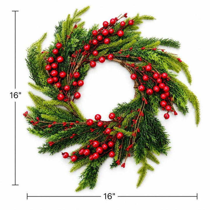 16″ candle ring or wreath with fir pine, red berries, and green foliage; measures 16 inches in diameter.