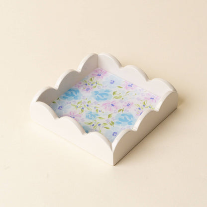 Scallop Trinket Tray-Secret Garden Blue: scalloped rim, floral design, light blue. Available in one size.