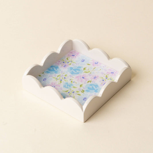 Scallop Trinket Tray-Secret Garden Blue: scalloped rim, floral design, light blue. Available in one size.