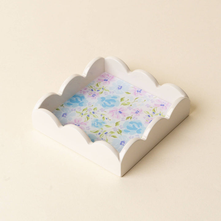 Scallop Trinket Tray-Secret Garden Blue: scalloped rim, floral design, light blue. Available in one size.