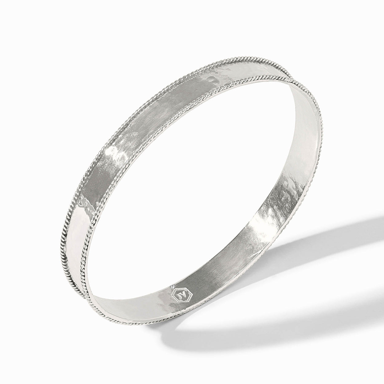The Savoy Bangle - Silver by Julie Vos: hammered silver plate, twisted rope edging, tarnish-free. Available in S, M, L.