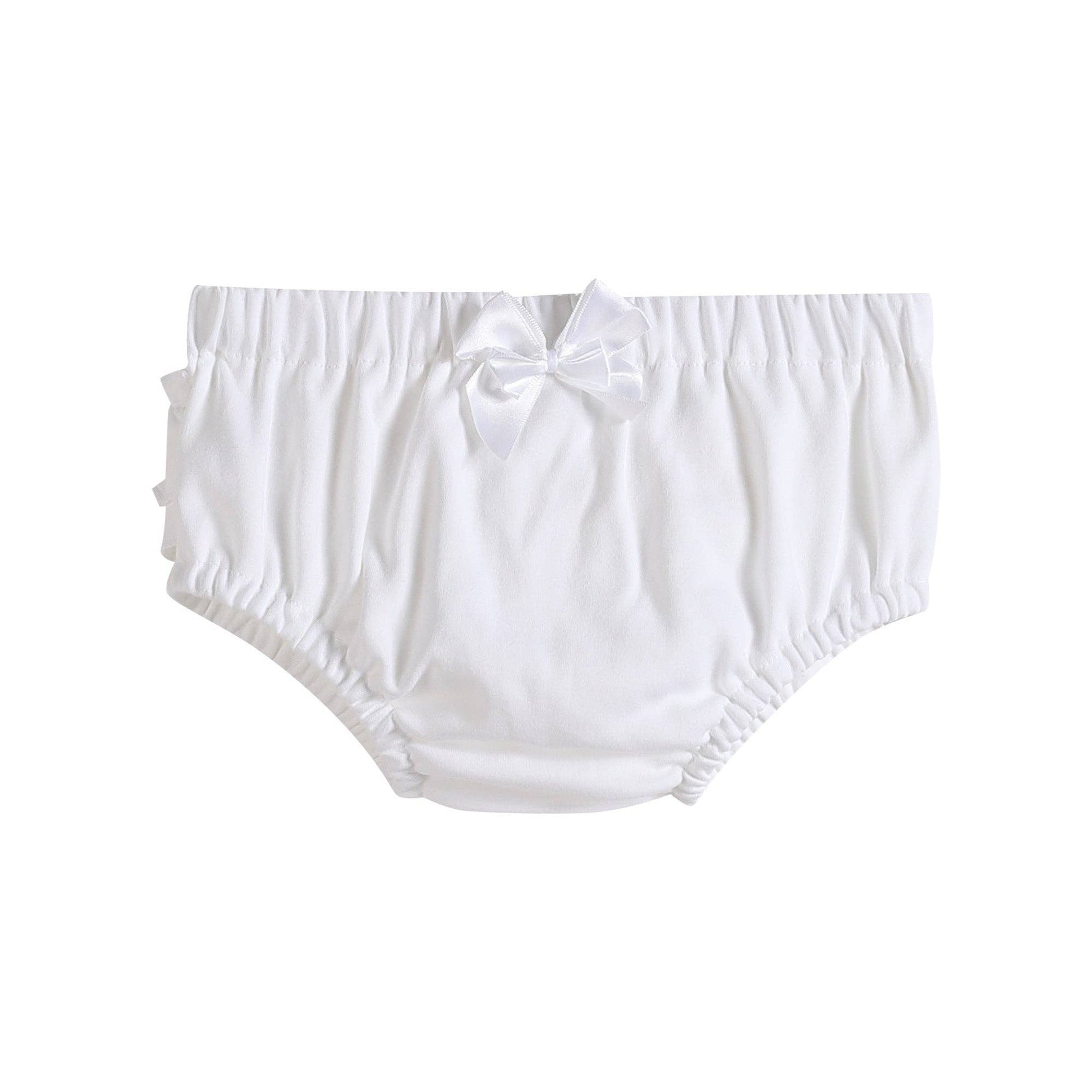 White and Pink Knit Baby Bloomers 2pc Set, size 3-6M; soft cotton, elastic waist and legs, satin bow, gathered fabric.