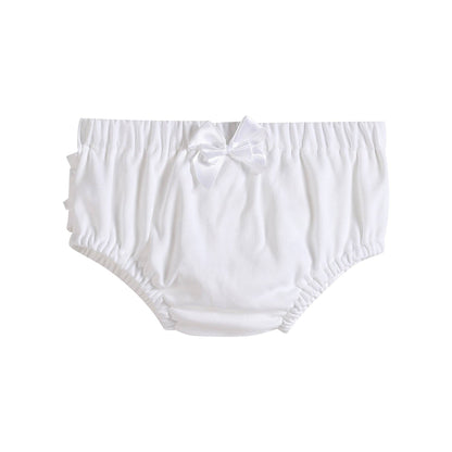 White and Pink Knit Baby Bloomers 2pc Set, size 3-6M; soft cotton, elastic waist and legs, satin bow, gathered fabric.