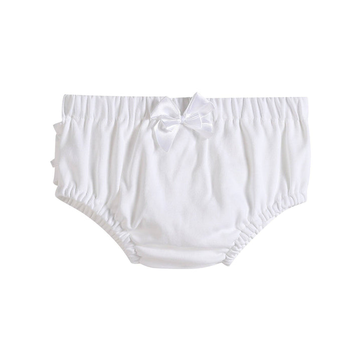 White and Pink Knit Baby Bloomers 2pc Set, size 3-6M; soft cotton, elastic waist and legs, satin bow, gathered fabric.