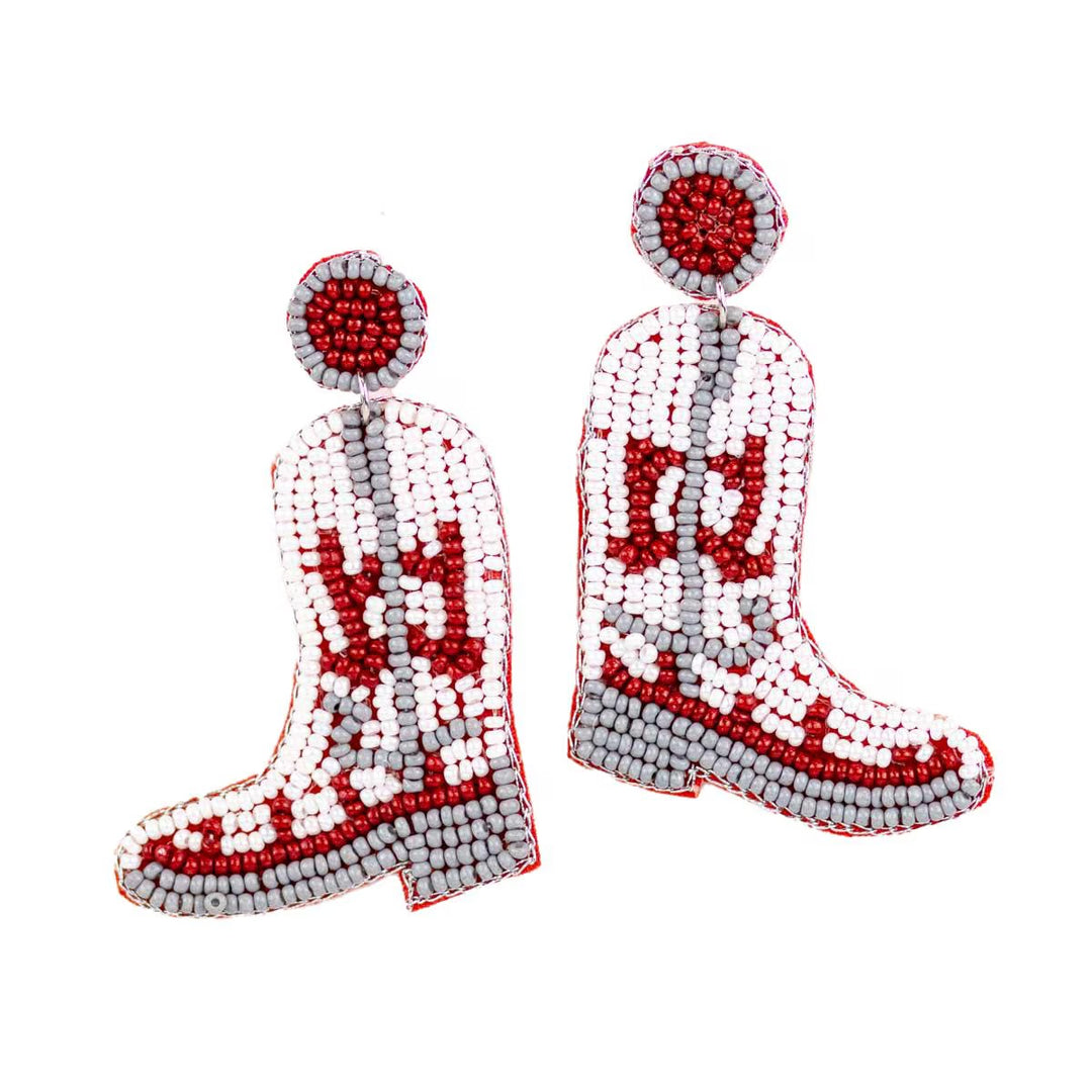 Maroon and gray beaded boots earrings with round stud tops. Available in one size.