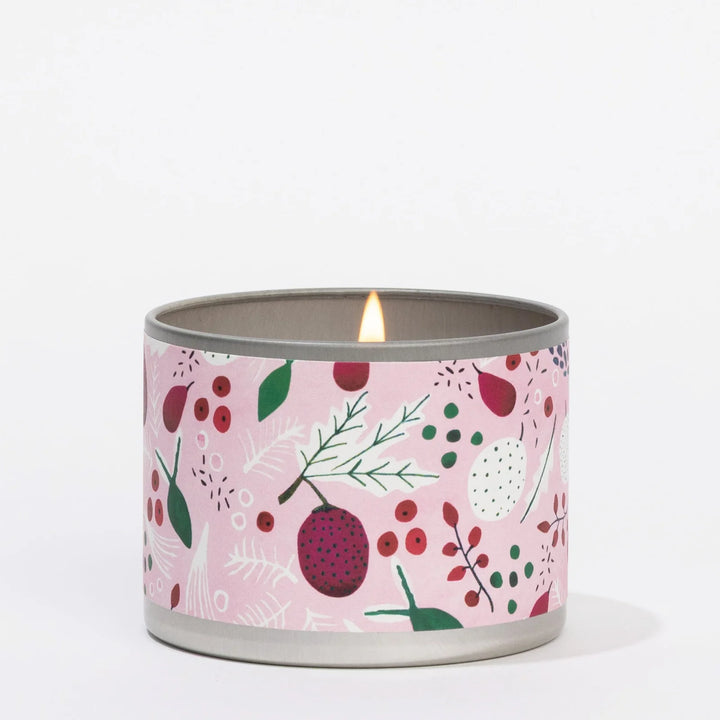 Lit Brambleberry 4oz candle in a hand-painted pink tin with botanical berry pattern.