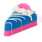 Cake-like pie soap with blue, pink layers, white drizzle, cream accents, pink-white rainbow. Available in 3oz and 6oz sizes.