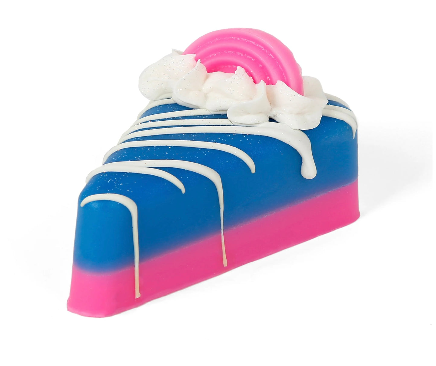 Cake-like pie soap with blue, pink layers, white drizzle, cream accents, pink-white rainbow. Available in 3oz and 6oz sizes.