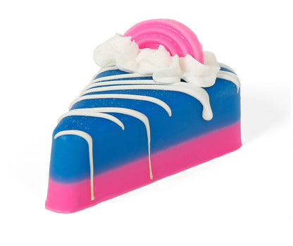 Cake-like pie soap with blue, pink layers, white drizzle, cream accents, pink-white rainbow. Available in 3oz and 6oz sizes.