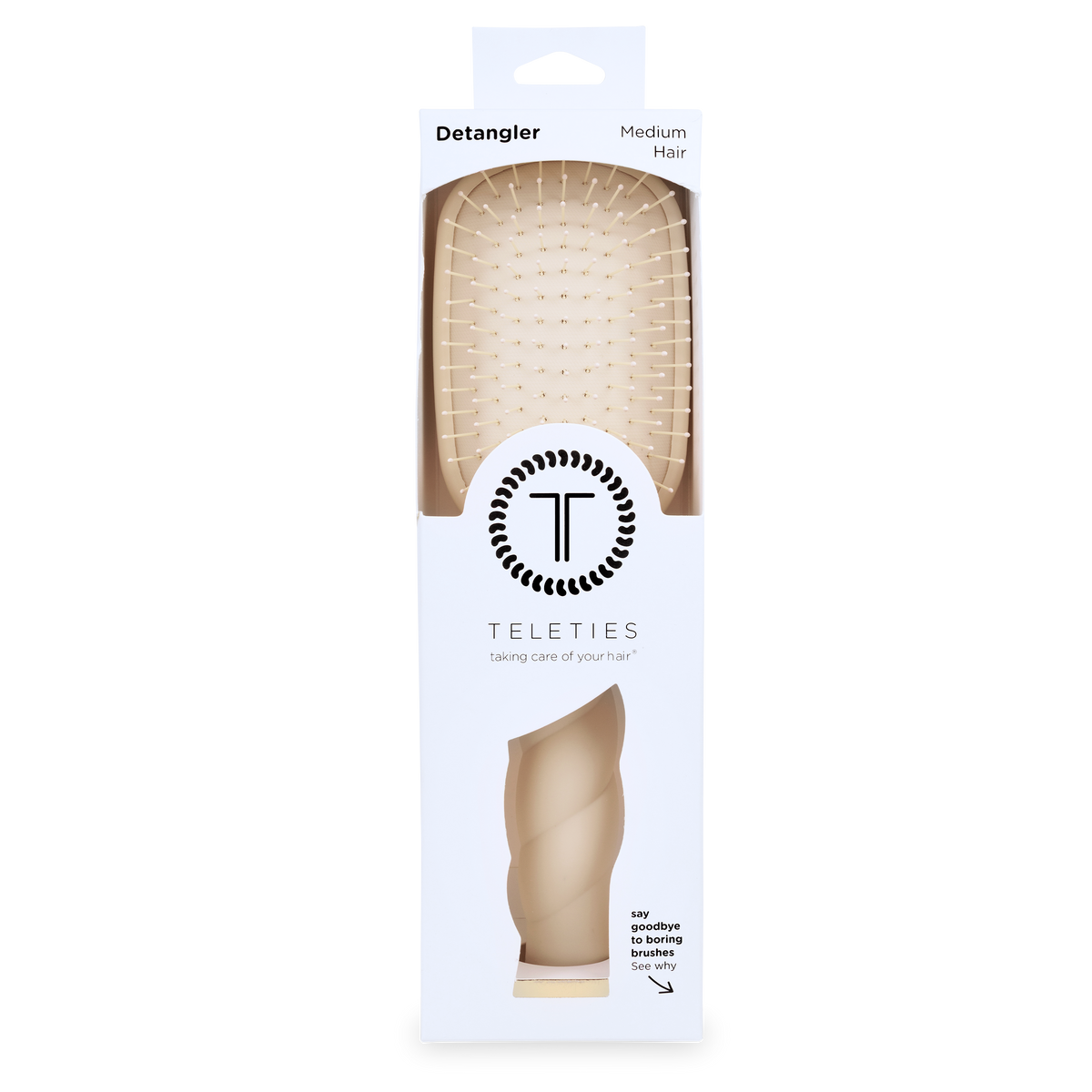 Tan Detangler Hair Brush for Medium Hair in white packaging labeled “Detangler” and “TELETIES,” with the tagline “taking care of your hair”; available in medium size.