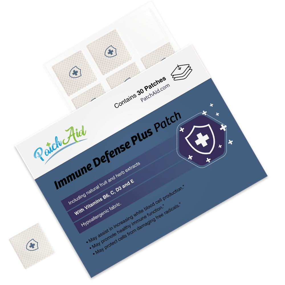 A box labeled “Immune Defense Plus Patch - Immune Support with Zinc & C, D: 1-Pack” by PatchAid contains small square vitamin patches. The 1-pack highlights transdermal immune support with zinc and vitamins C and D, hypoallergenic fabric, and immune support benefits.