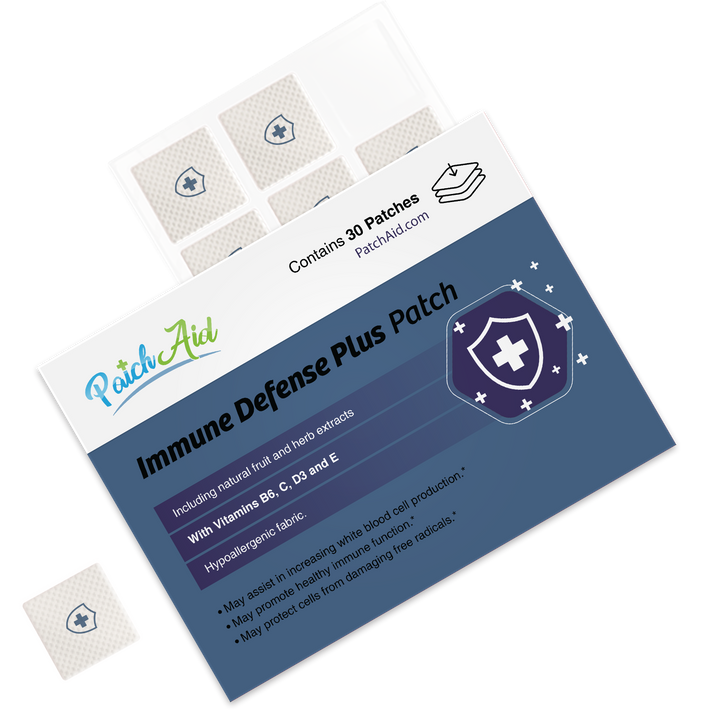 A box labeled “Immune Defense Plus Patch - Immune Support with Zinc &amp; C, D: 1-Pack” by PatchAid contains small square vitamin patches. The 1-pack highlights transdermal immune support with zinc and vitamins C and D, hypoallergenic fabric, and immune support benefits.