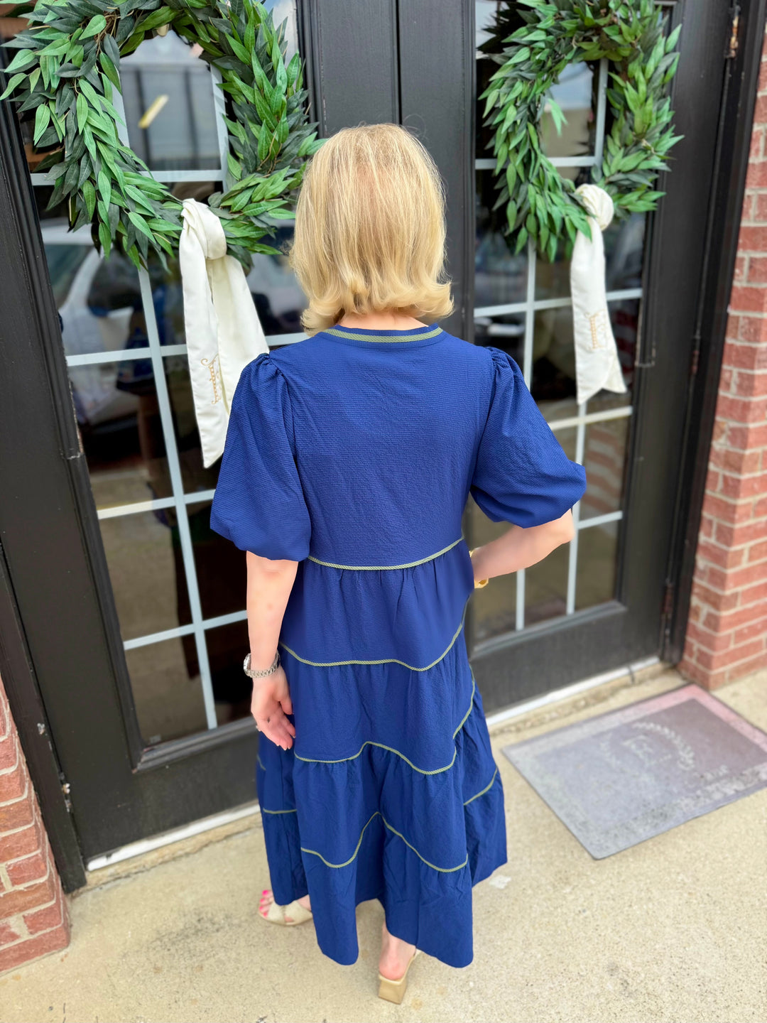 Kinsley Navy Seersucker Dress, sleeveless, navy striped pattern. Available in sizes XS-XL.