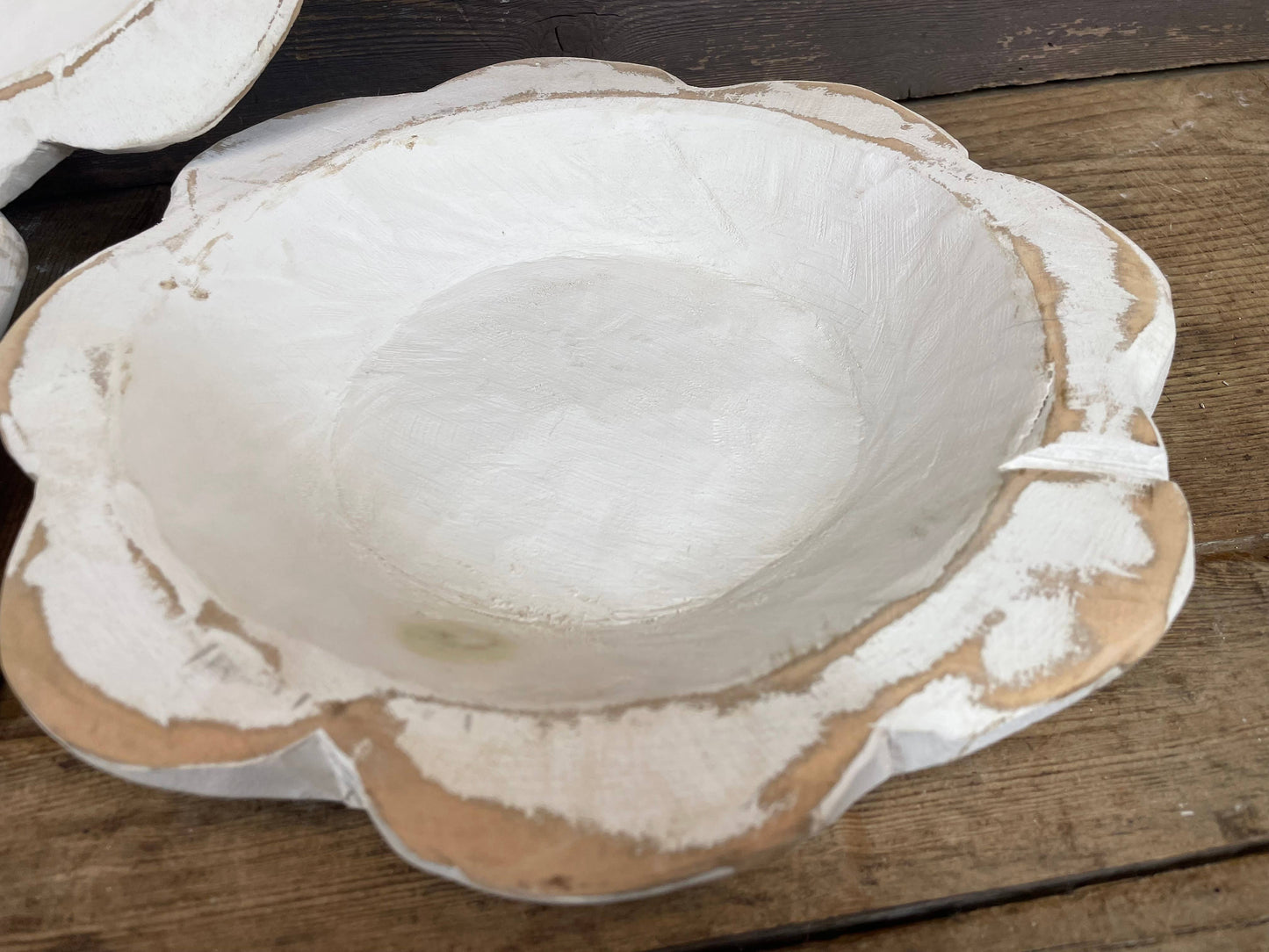 Rustic flower-shaped dough bowl with distressed white finish, exposed wood edges. Available in small size.