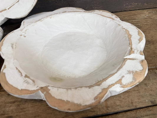 Rustic flower-shaped dough bowl with distressed white finish, exposed wood edges. Available in small size.