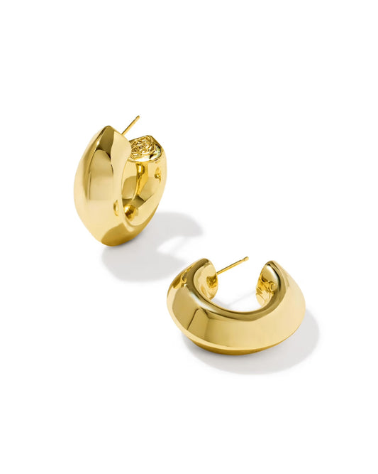 Chunky gold hoop earrings with a smooth, shiny finish; available in multiple sizes.