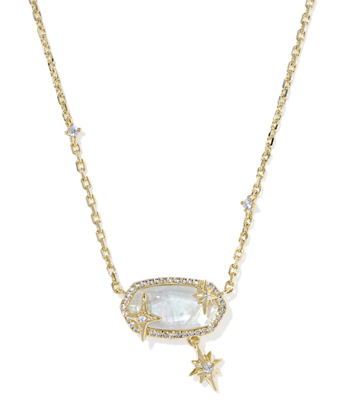 Gold chain necklace with an oval iridescent gemstone pendant, clear stone frame, gold star and butterfly accents, and a dangling star charm. Removable charms for versatile wear. Available in multiple sizes.