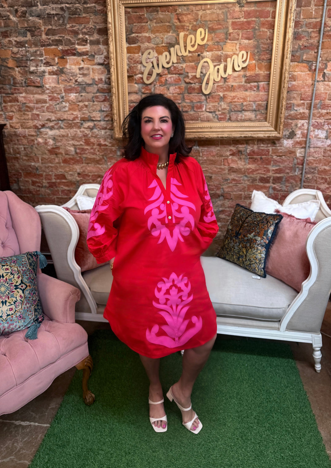 Red cotton Baroque Floral Applique shift dress with high collar, button-front placket, and pink floral applique on chest and sleeves. Available in all sizes.