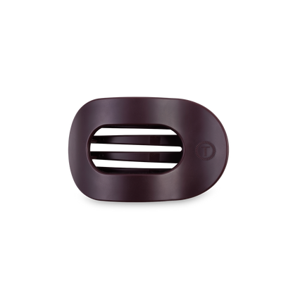 Dark maroon oval plastic soap dish with three center slots and a small circular logo; available in standard and large sizes.