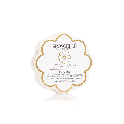 Round, flower-shaped Freesia Pear Daisy Spongette Soap Sponge, travel size, 14+ uses, white label, fresh scent.