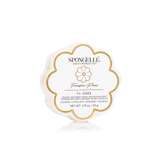Round, flower-shaped Freesia Pear Daisy Spongette Soap Sponge, travel size, 14+ uses, white label, fresh scent.