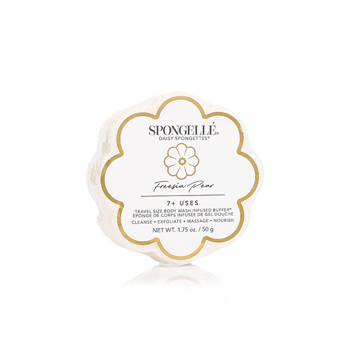 Round, flower-shaped Freesia Pear Daisy Spongette Soap Sponge, travel size, 14+ uses, white label, fresh scent.