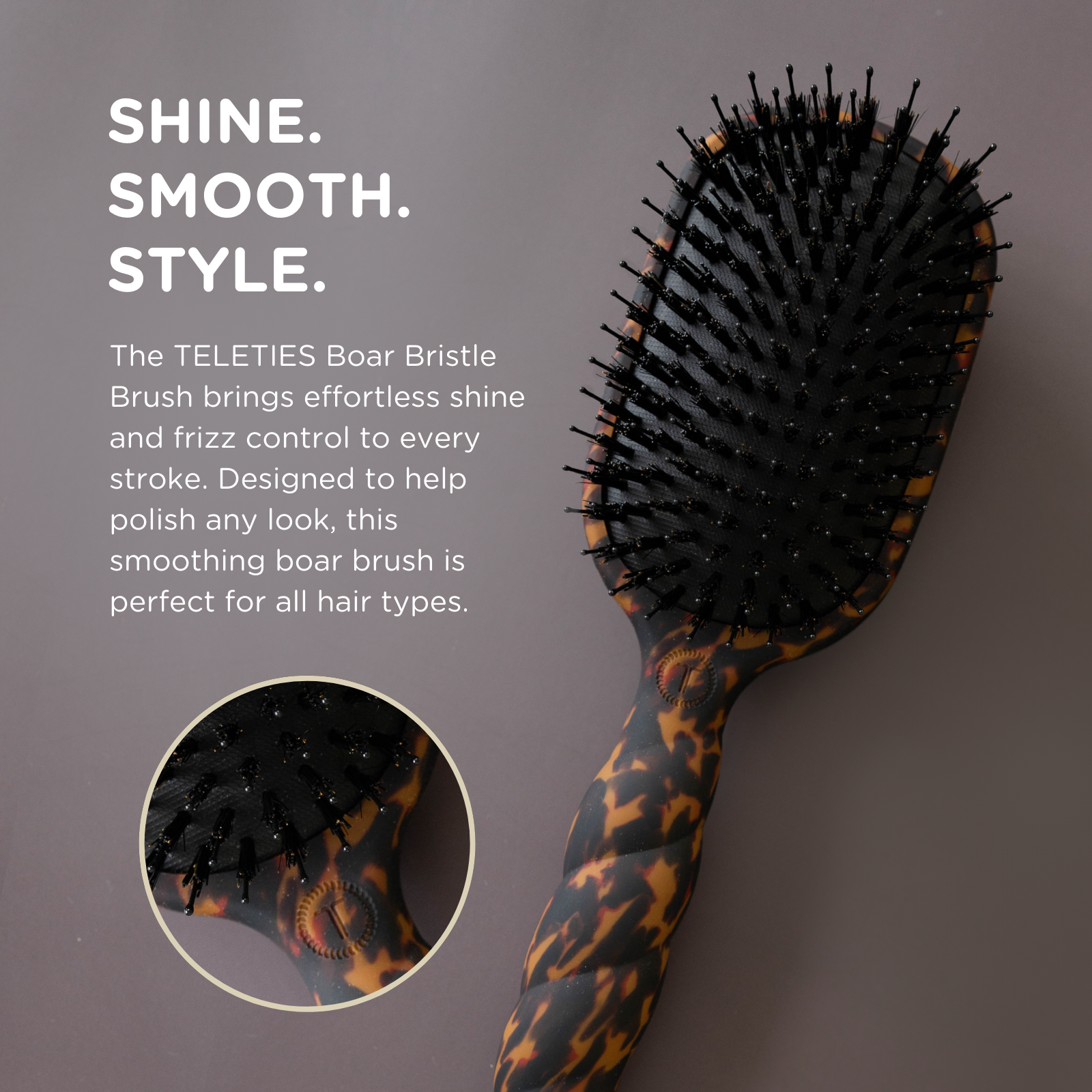 Boar Bristle Hair Brush | Tortoise; close-up of detailed bristles shown. Available in standard and travel sizes.