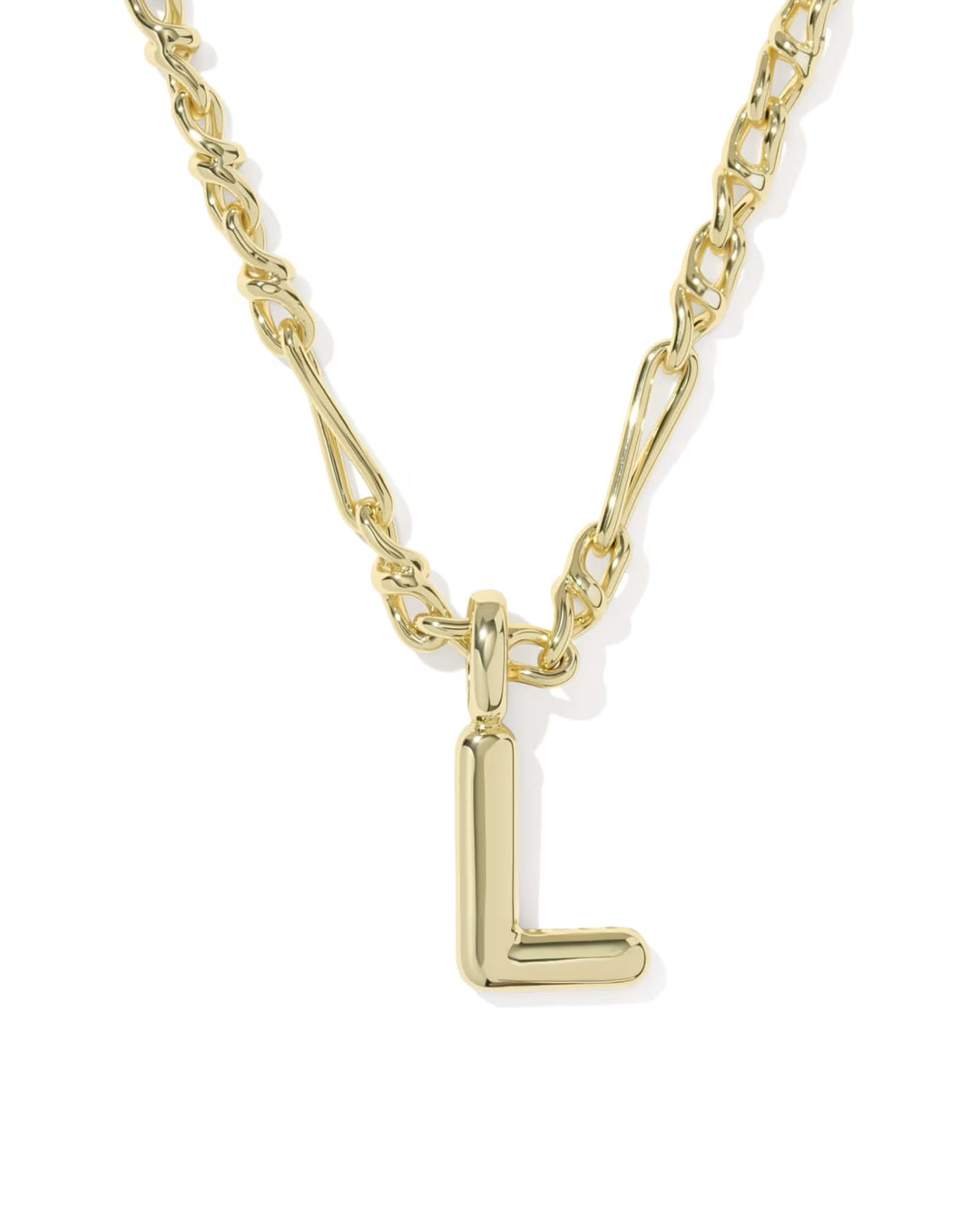 The Bubble Letter Necklace by Kendra Scott features a gold chain with a bubble letter "L" pendant. Available in multiple sizes.